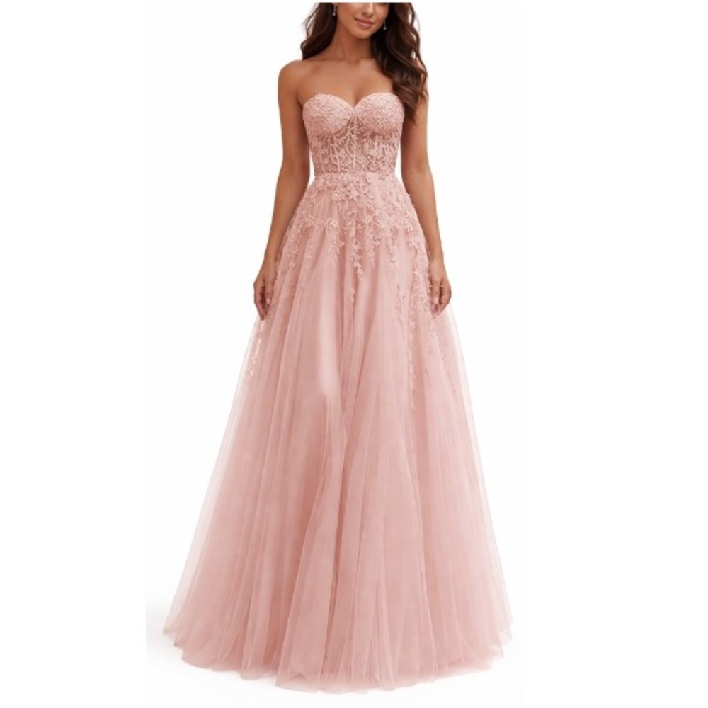 Stacees Women's Dusty Pink‎ Lace A-line Strapless Corset Prom Dress Size 4 NWT